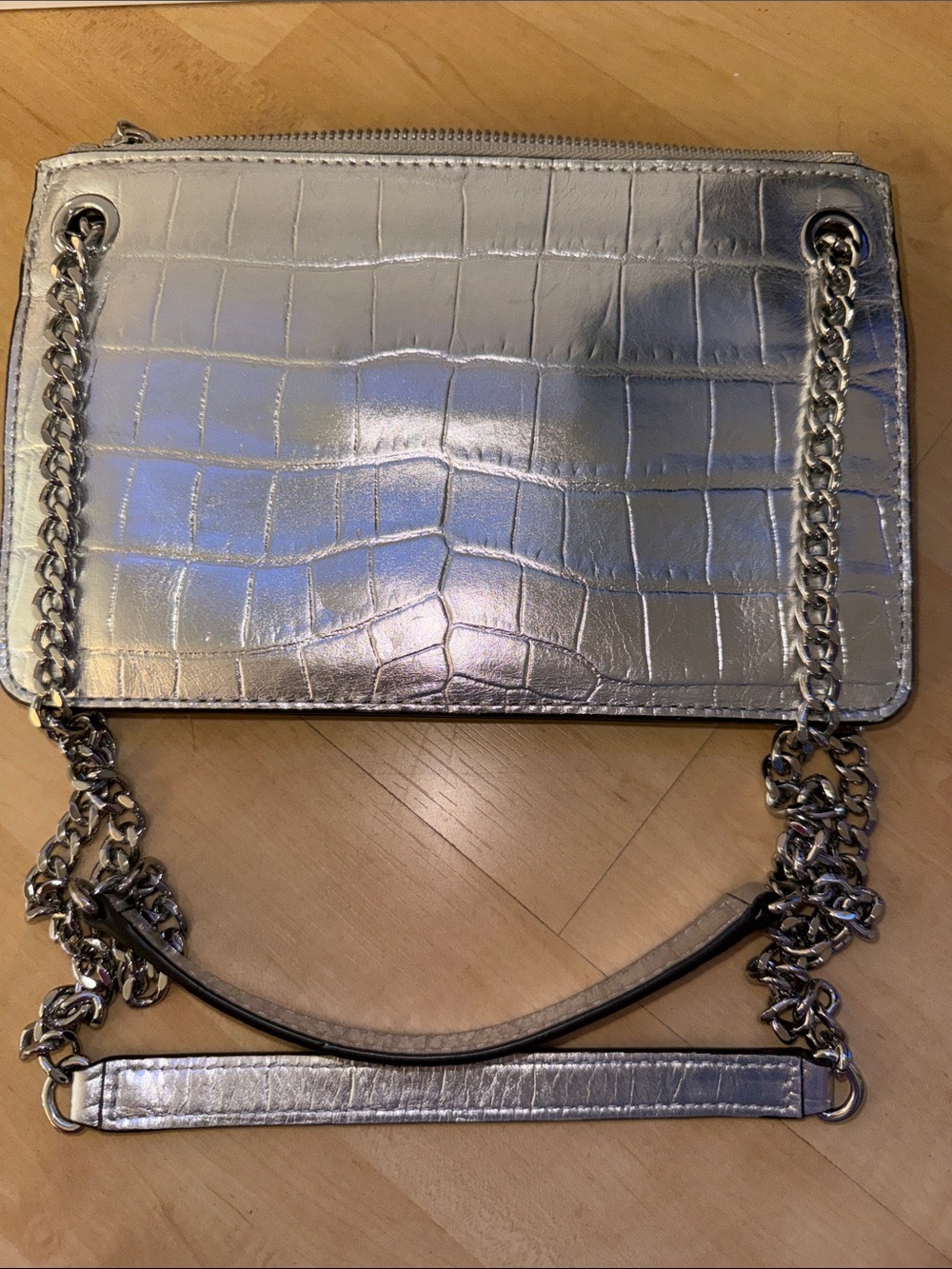 Michael Kors Sloan Editor Metallic Silver Croc-Embossed Chain Shoulder/Crossbody - Picture 4 of 6